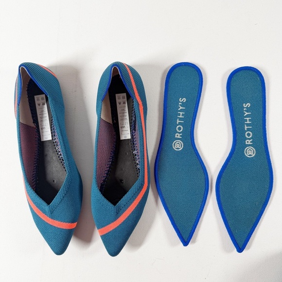 Rothy's Pointed Knit Flats Teal Blue/Neon Stripe Preppy Casual Retired Size 9 - Picture 7 of 15